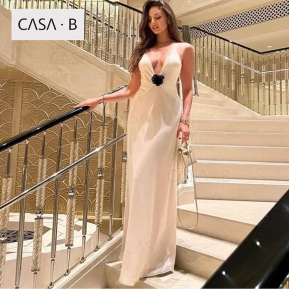 SOON to CASA B✨Madeline Sheer Floral Appliqué Deep V Long Slip Sheath Maxi Dress - Picture 7 of 13
